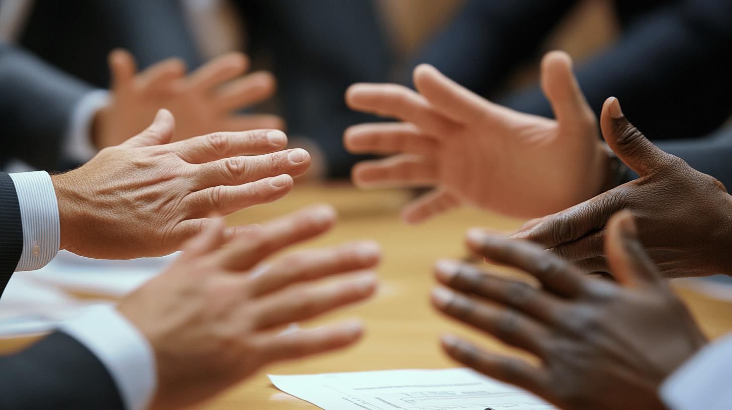 Diverse hands meeting at conference table, symbolizing teamwork and collaboration in professional business setting