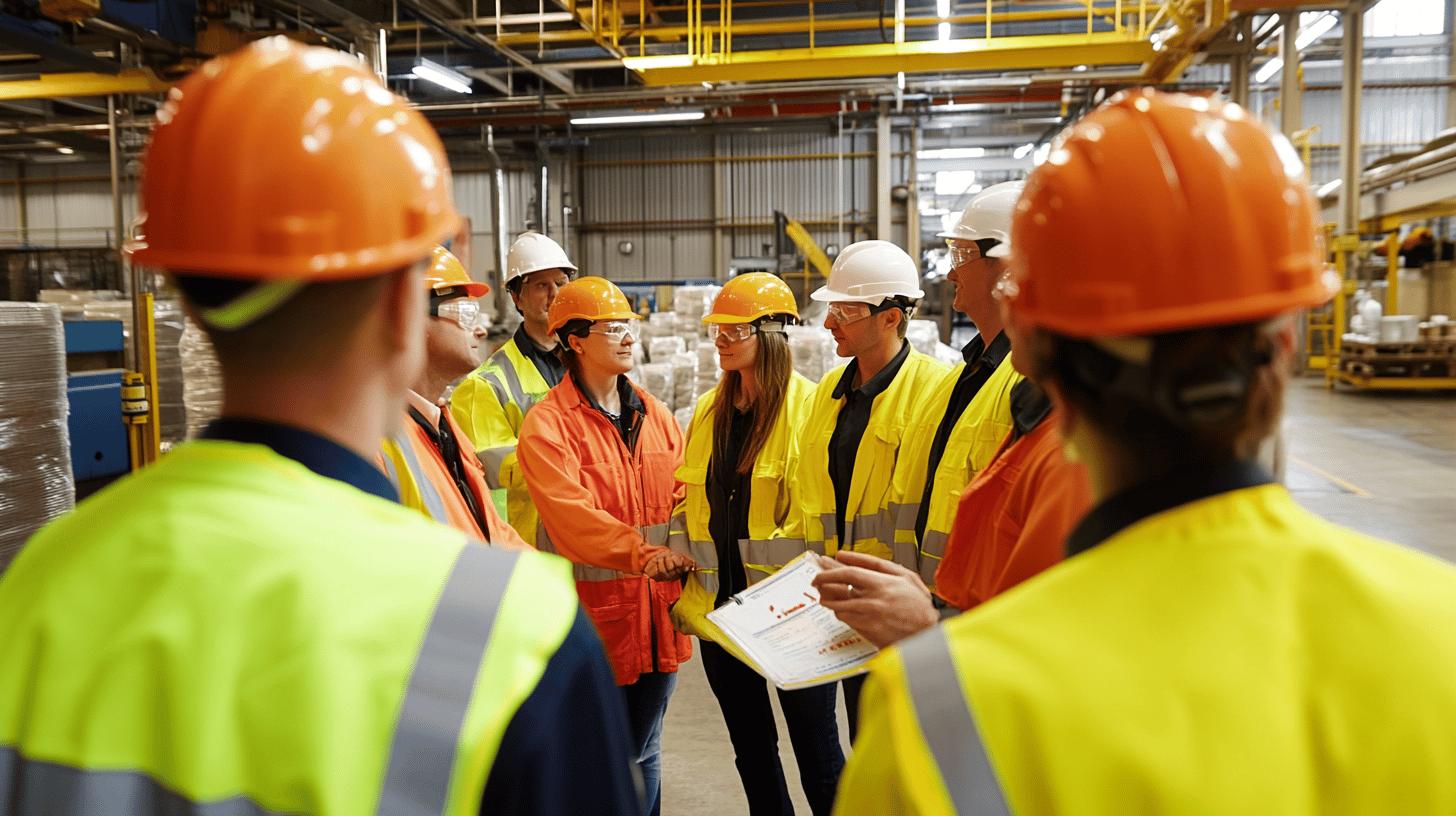 Industrial workers in safety gear discussing project details in manufacturing warehouse with hard hats, high-visibility vests, and safety glasses during team meeting