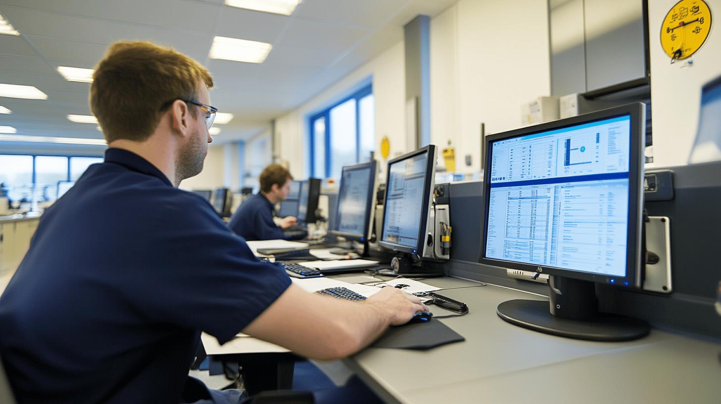 Professional working in modern office monitoring data on multiple computer screens with business analytics dashboard visible, wearing navy blue shirt and glasses