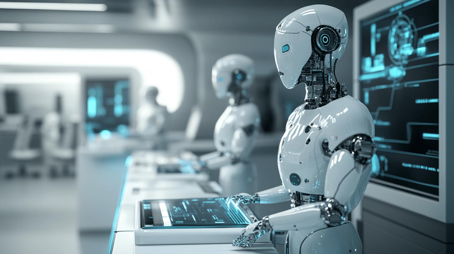 Futuristic white humanoid robots working in high-tech technological laboratory with digital interface screens and advanced computing systems