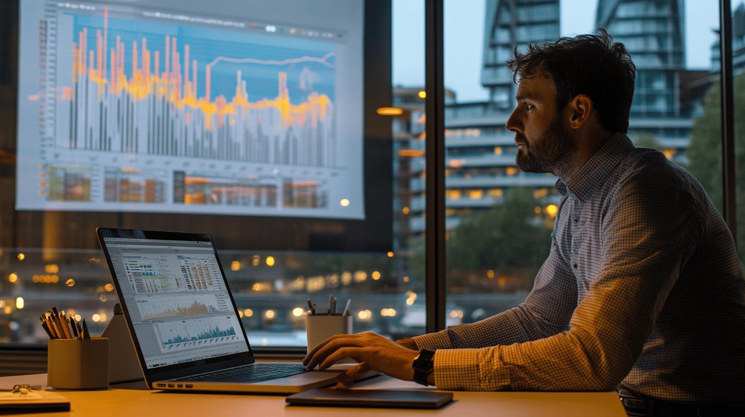 Data analyst reviewing complex graphs and charts on laptop and large screen in modern office with city lights at dusk, focusing on detailed financial or performance metrics