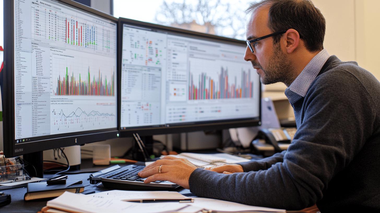 Professional data analyst working on multi-monitor setup with complex statistical graphs and financial charts