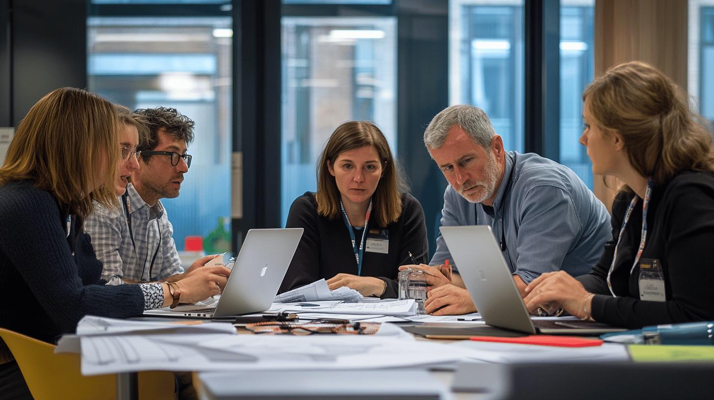 Professional team collaborating in modern office meeting with MacBook laptops and documents, focusing intently on shared project work