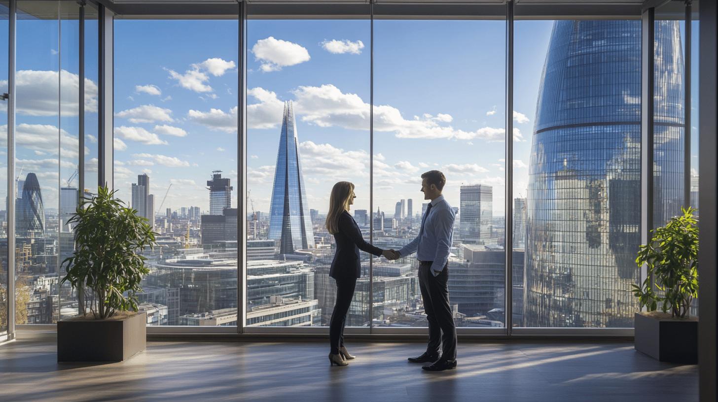 Professional business handshake in modern London office with Shard and city skyline panoramic view, sleek glass windows, potted plants framing corporate meeting scene