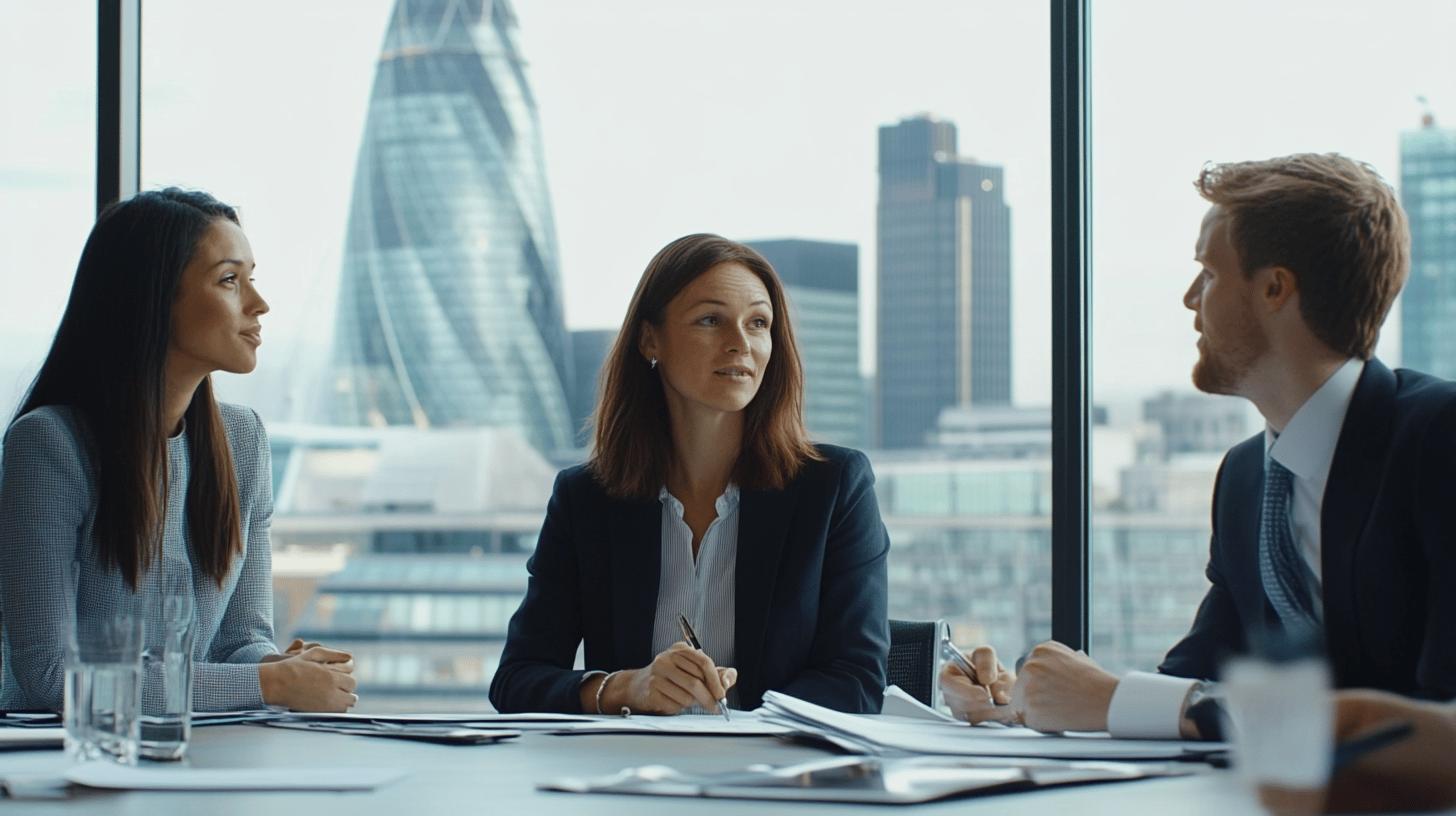 Professional business meeting in modern office with London skyline, featuring colleagues collaborating around conference table with city skyscrapers in background