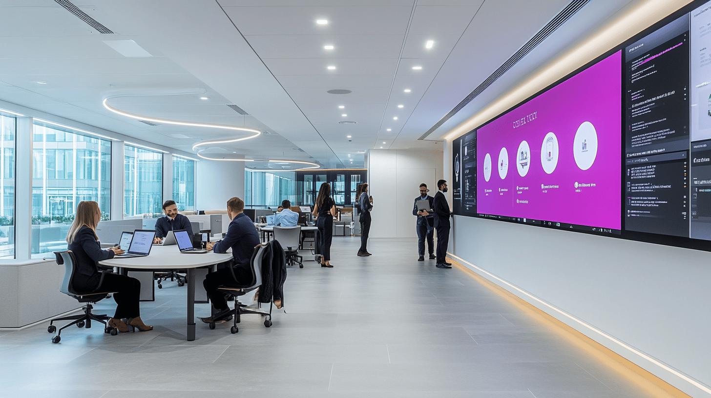 modern open-plan office with employees working at curved white desk, large pink digital presentation screen, glass windows, and collaborative workspace with recessed lighting