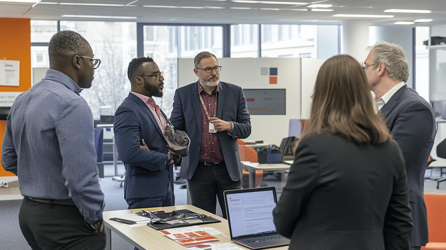 professional business team discussing project in modern office with laptop and color swatches, diverse colleagues collaborating in workplace meeting