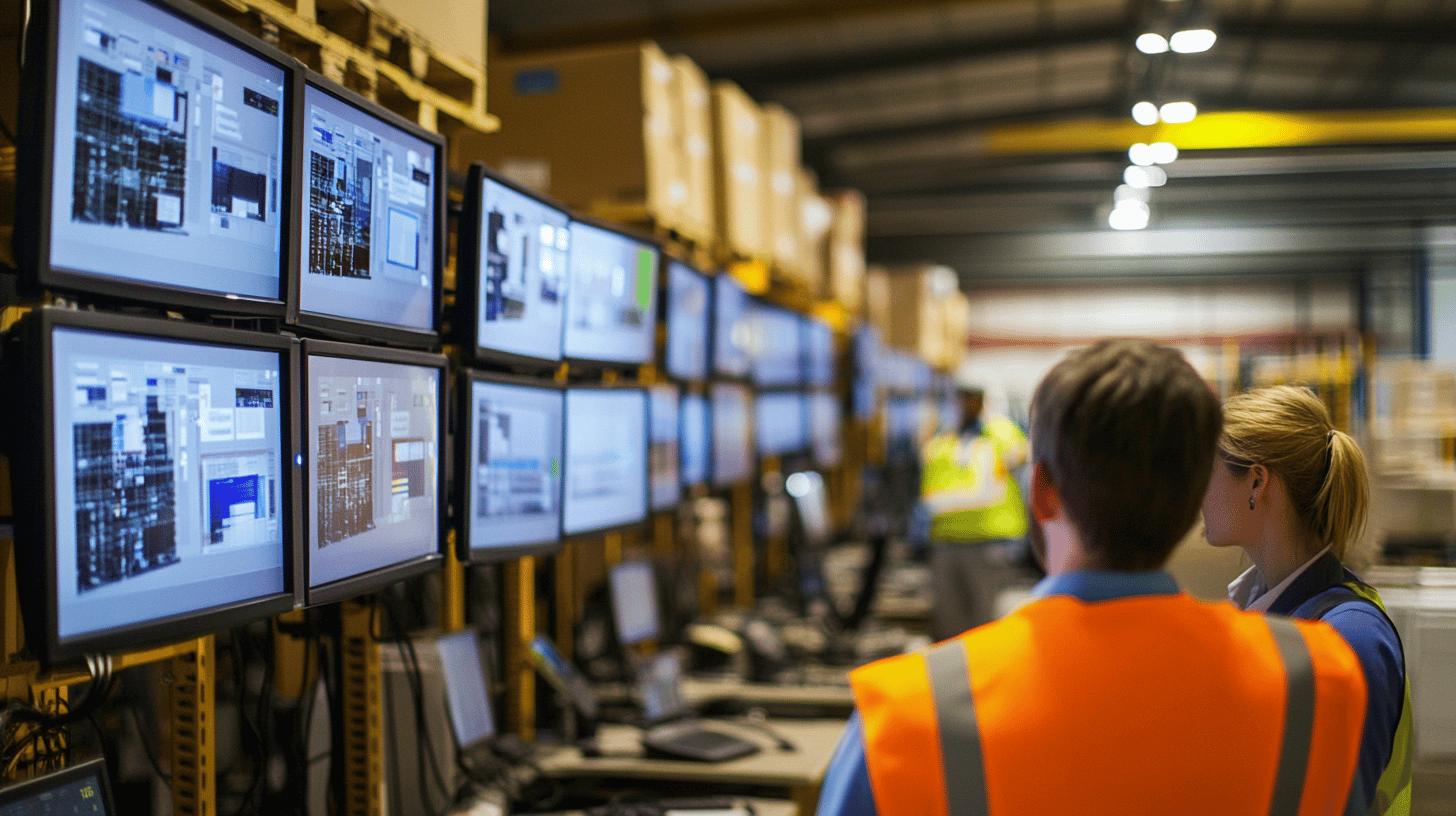 Warehouse control room with multiple monitoring screens, workers in safety vests observing industrial operations and digital system displays