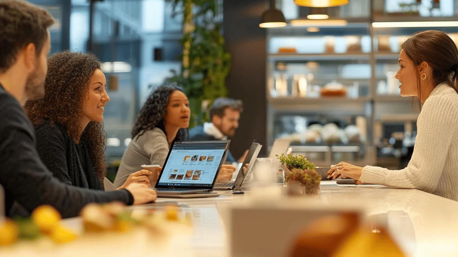 Diverse professional team collaborating in modern office workspace with laptop and plants, discussing project during meeting with warm lighting and open layout