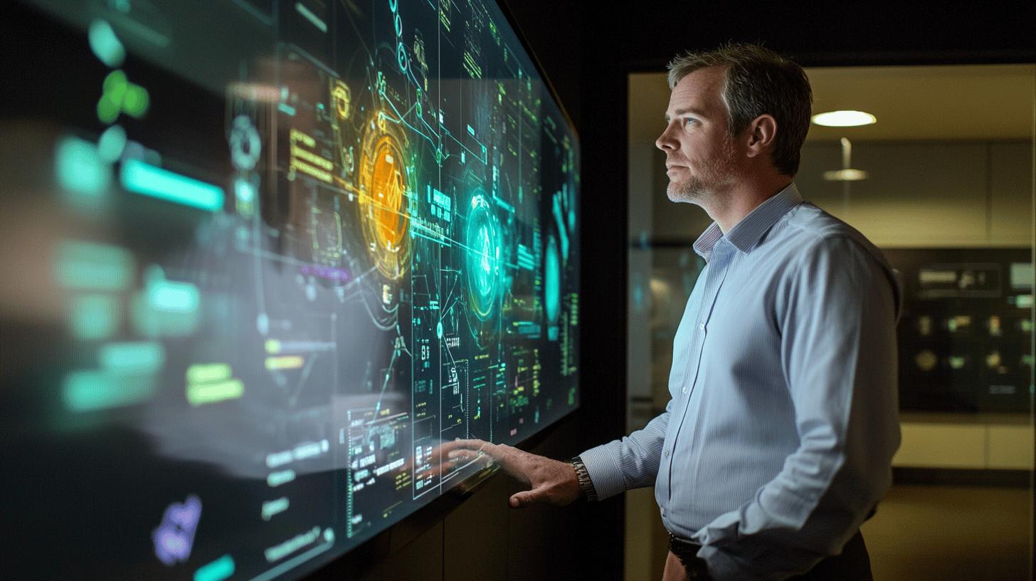 Professional analyzing complex digital dashboard with futuristic holographic data visualization in high-tech control room, showcasing advanced technology and interactive interface design
