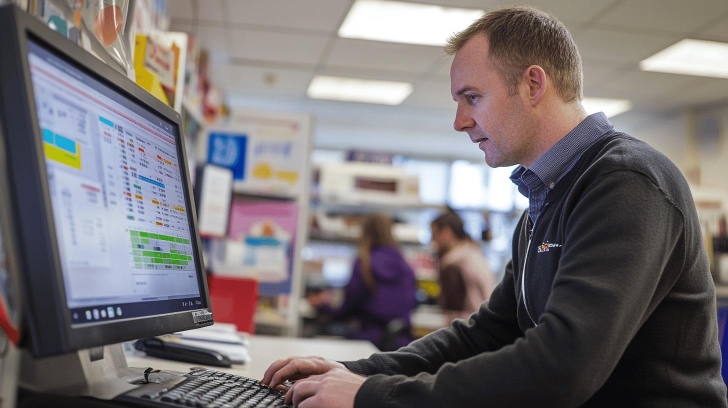 Professional working on data analytics spreadsheet in office environment with colorful dashboard visible on computer screen