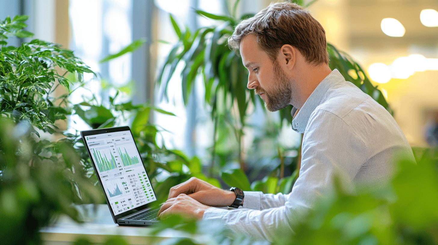 Professional analyzing data dashboard in green, plant-filled modern office workspace