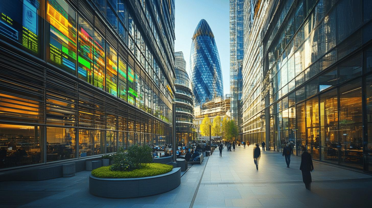 Modern London cityscape with the Gherkin skyscraper, glass office buildings, and pedestrian walkway in the financial district, showcasing urban architecture and design with golden evening light