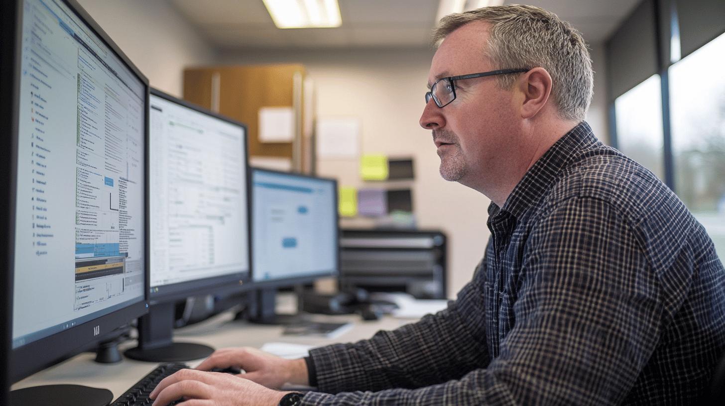 Professional male office worker analyzing data on multiple computer monitors in a workplace setting