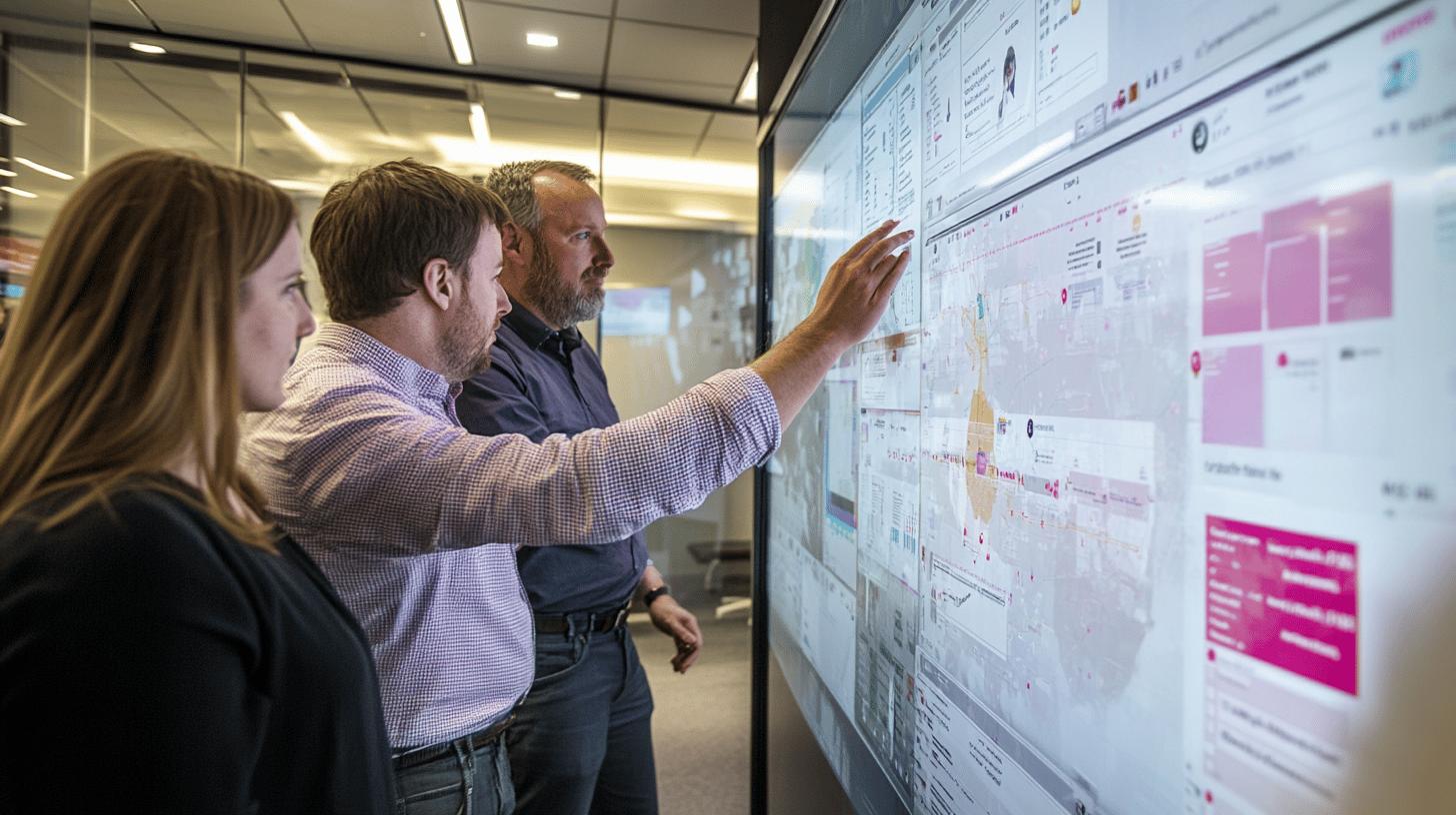 Three professionals analyzing data visualization on large digital screen in modern office setting, with one pointing at complex analytics dashboard