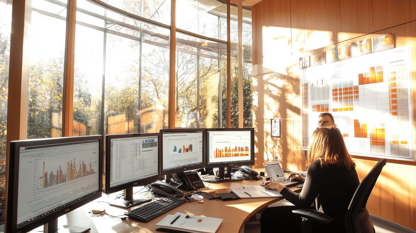 Sunlit modern office with data analyst working at multi-monitor workstation, analyzing graphs and charts with autumn trees visible through large glass windows