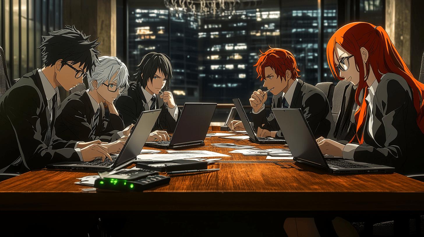 Diverse anime-style office workers collaborate on laptops at night with city skyline, wooden conference table with green-lit device in foreground, professional team working intensely in modern corporate environment