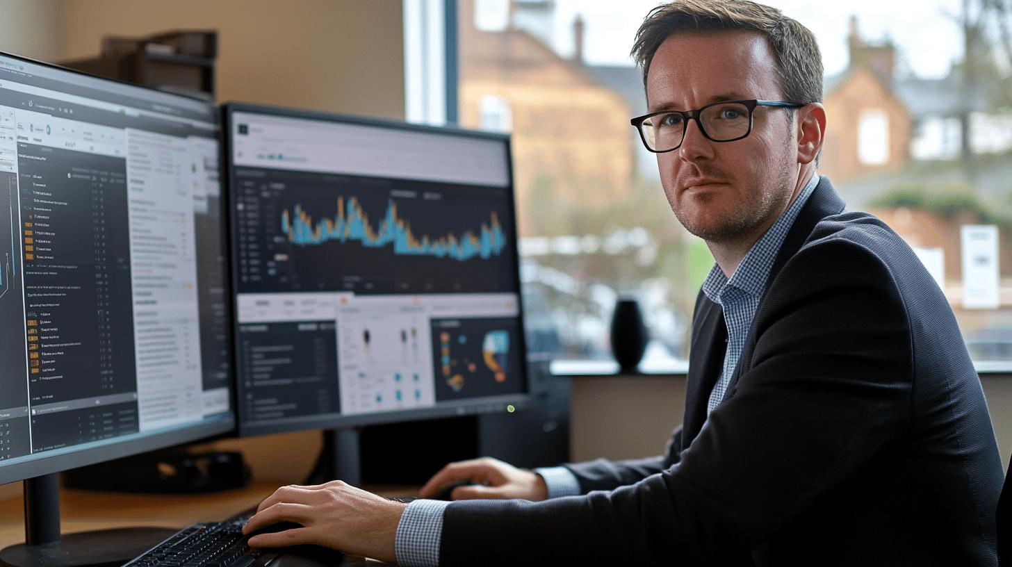 Professional data analyst reviewing financial graphs and analytics on multiple computer monitors in an office setting