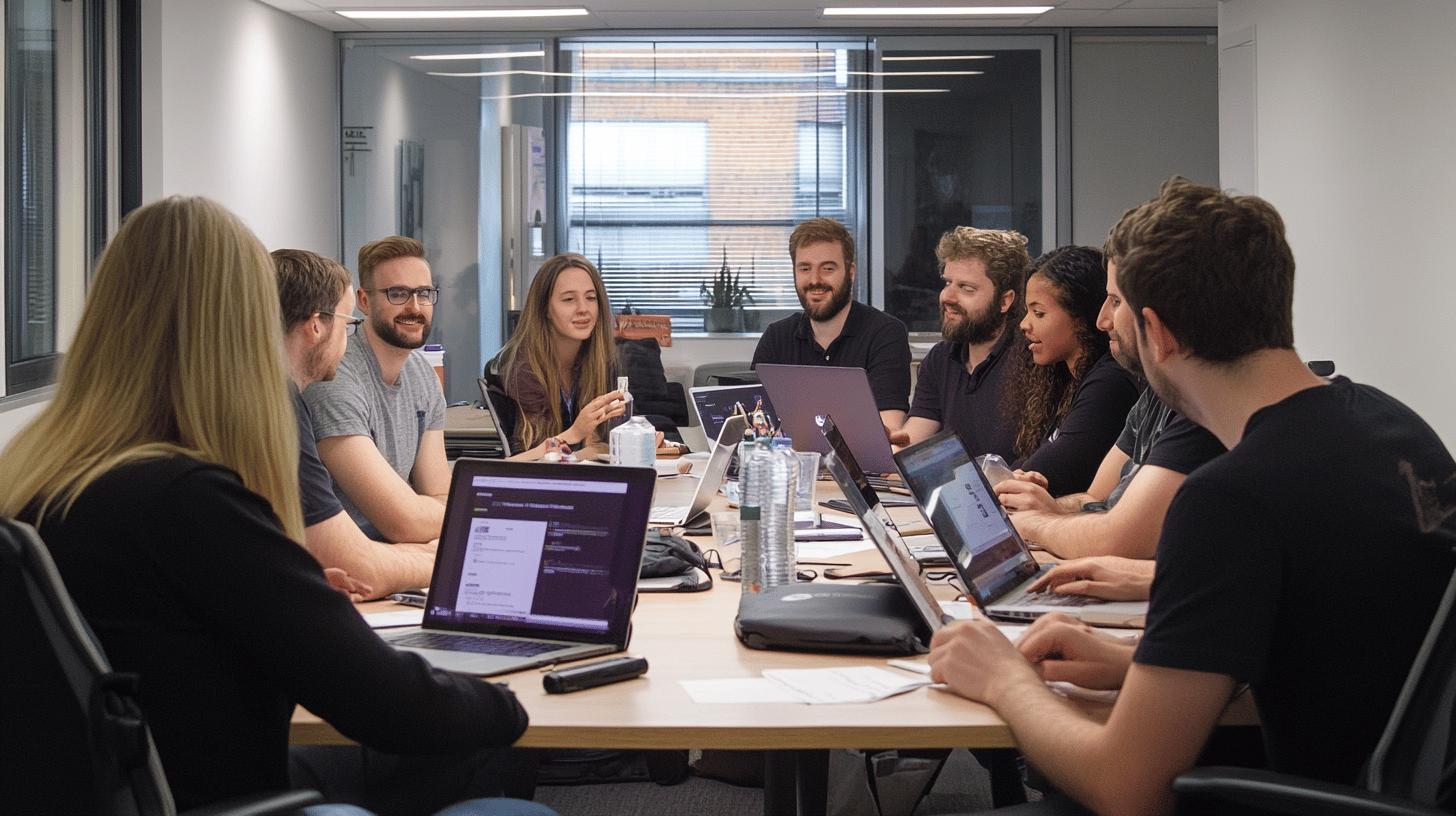 Business team collaborating in modern office meeting room with laptops and diverse colleagues engaged in discussion