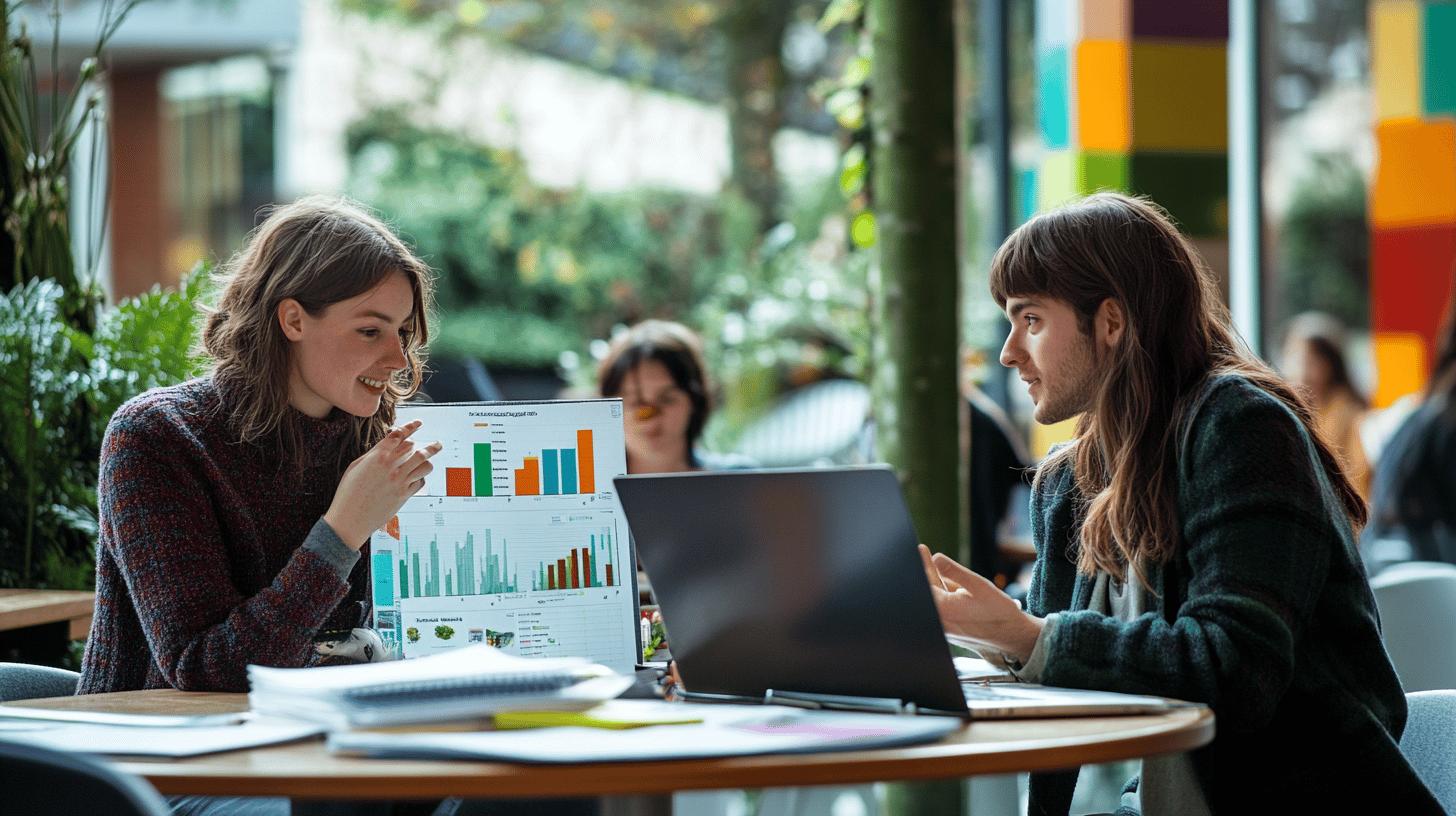 Two colleagues reviewing colorful bar graph data on laptop in bright, plant-filled office workspace with collaborative discussion