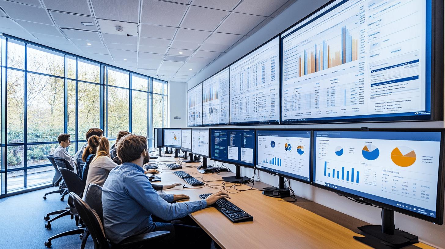 Professionals analyzing data analytics on multiple computer screens in a modern monitoring control room with large windows and business intelligence dashboards