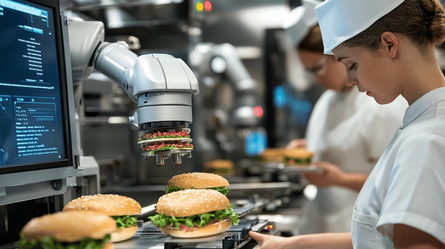 Robotic burger assembly line with automated food preparation system, showing precision-engineered robot arm constructing layered hamburgers in high-tech commercial kitchen with workers in white uniforms