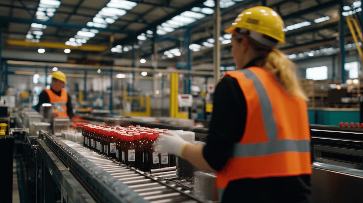 industrial bottling production line with workers in safety vests and hard hats monitoring red-capped bottles on conveyor system in large manufacturing facility