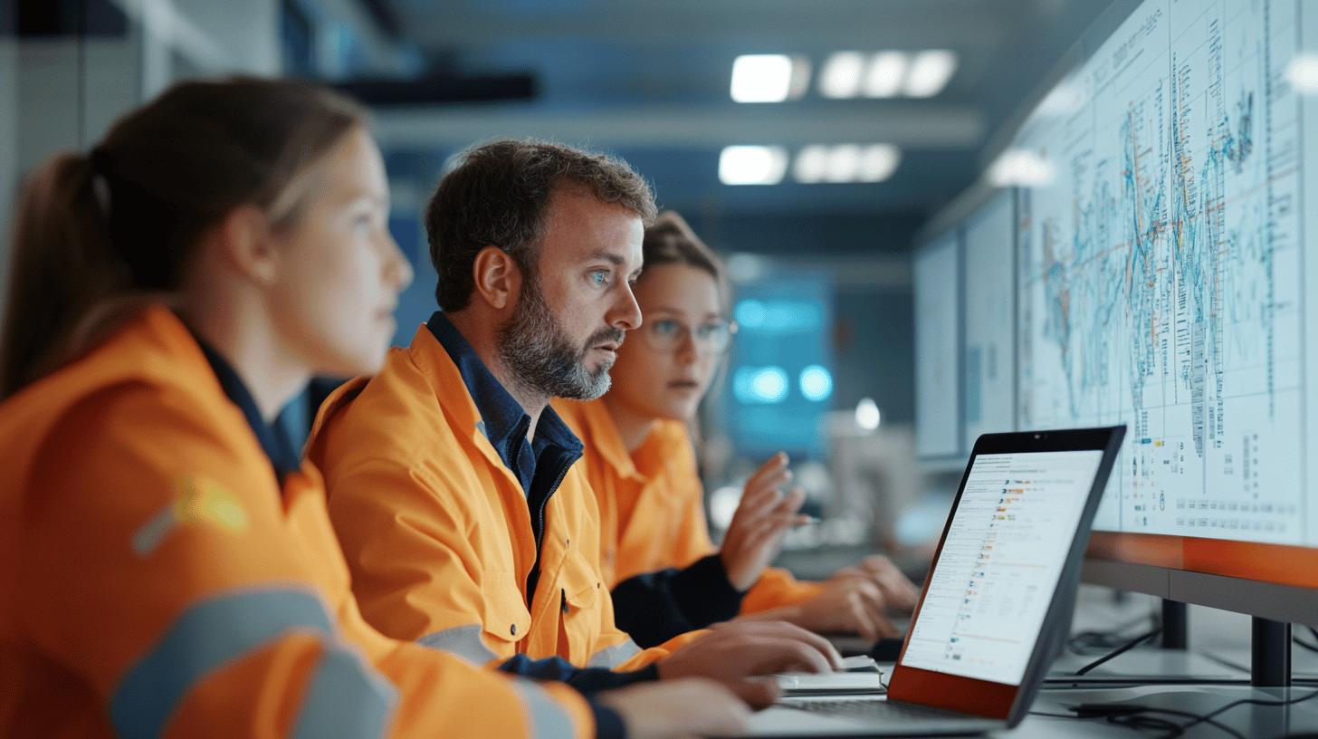 Engineers in orange safety vests analyzing data on laptop and wall charts in industrial control room
