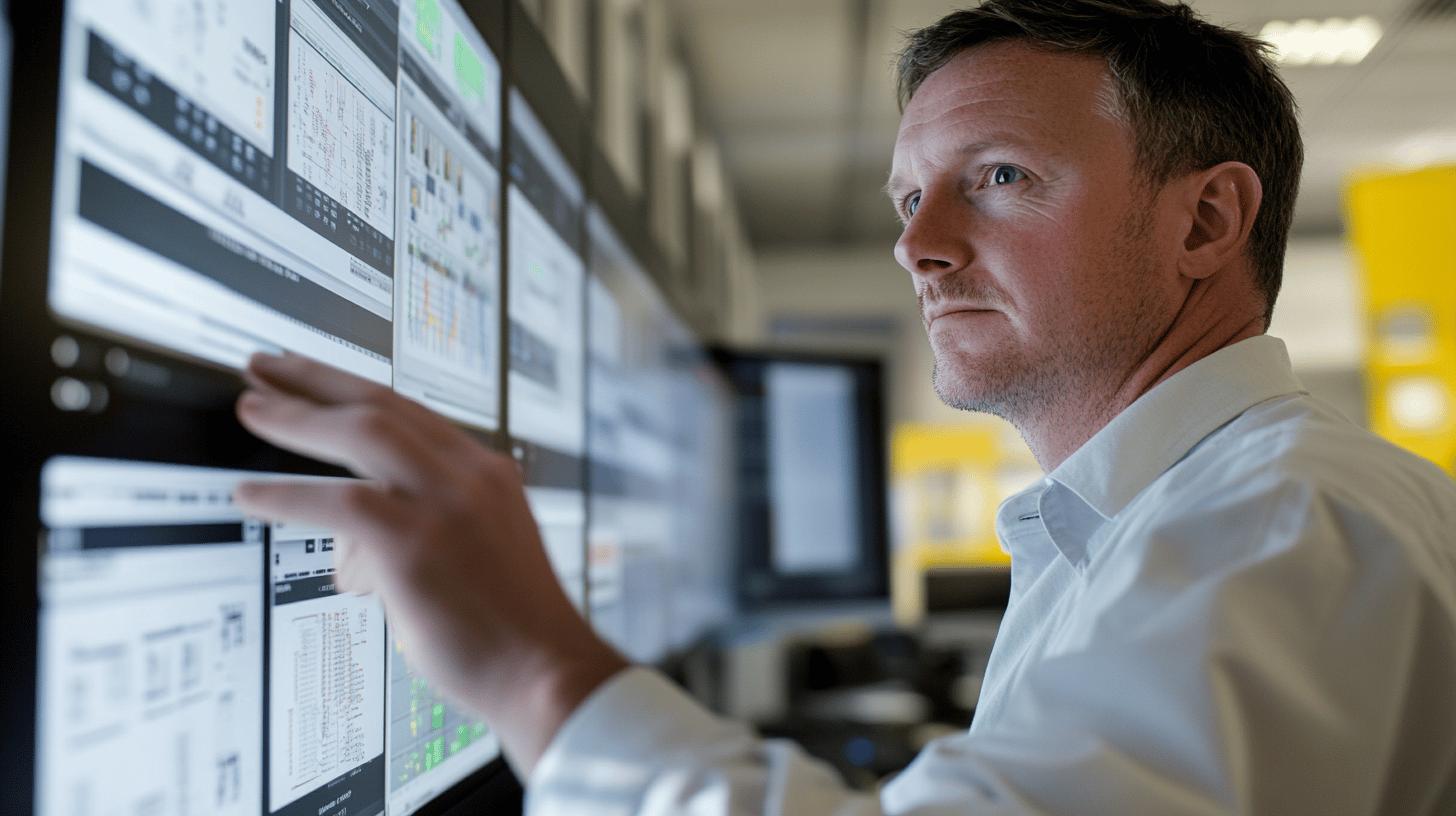 Professional analyzing data visualization on multiple computer monitors in a modern office environment, focusing intently on complex dashboard analytics and performance metrics