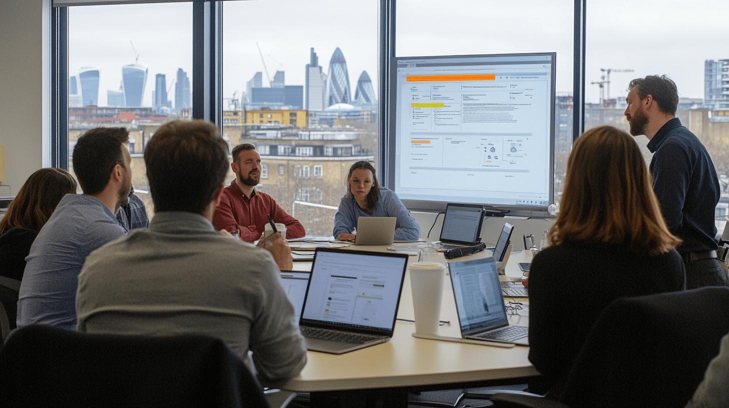 Business team collaborating in modern London office with city skyline featuring Gherkin and financial district skyscrapers in background