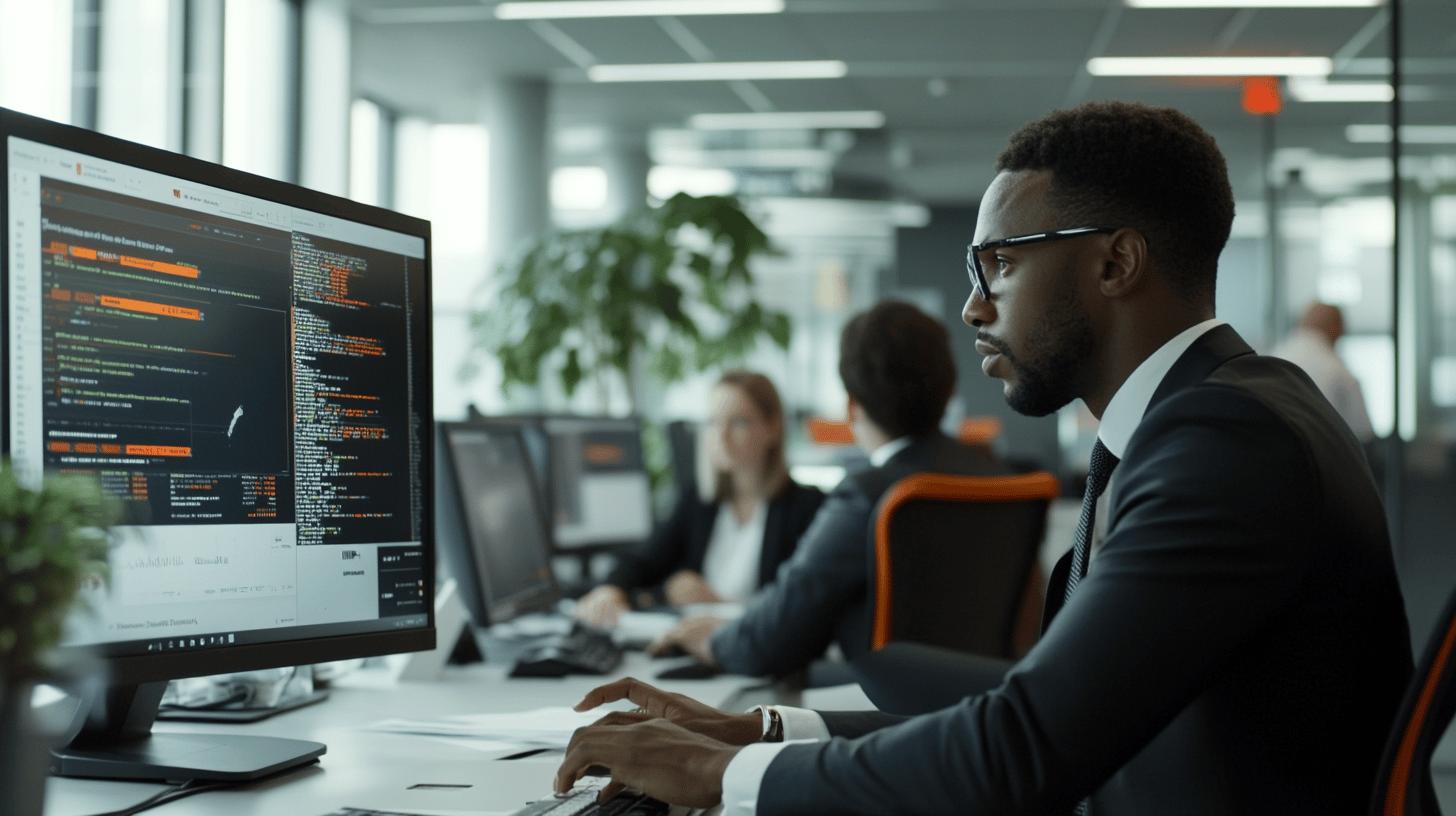 Professional software developer in business attire working on coding project in modern tech office with multiple computer screens, programming interface visible with orange and white text