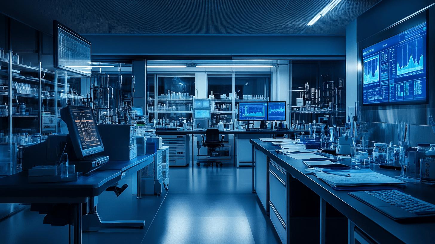 High-tech scientific research laboratory with multiple digital screens, data monitors, laboratory glassware, and advanced scientific equipment in a sleek blue-tinted environment, showcasing modern research and data analysis workspace