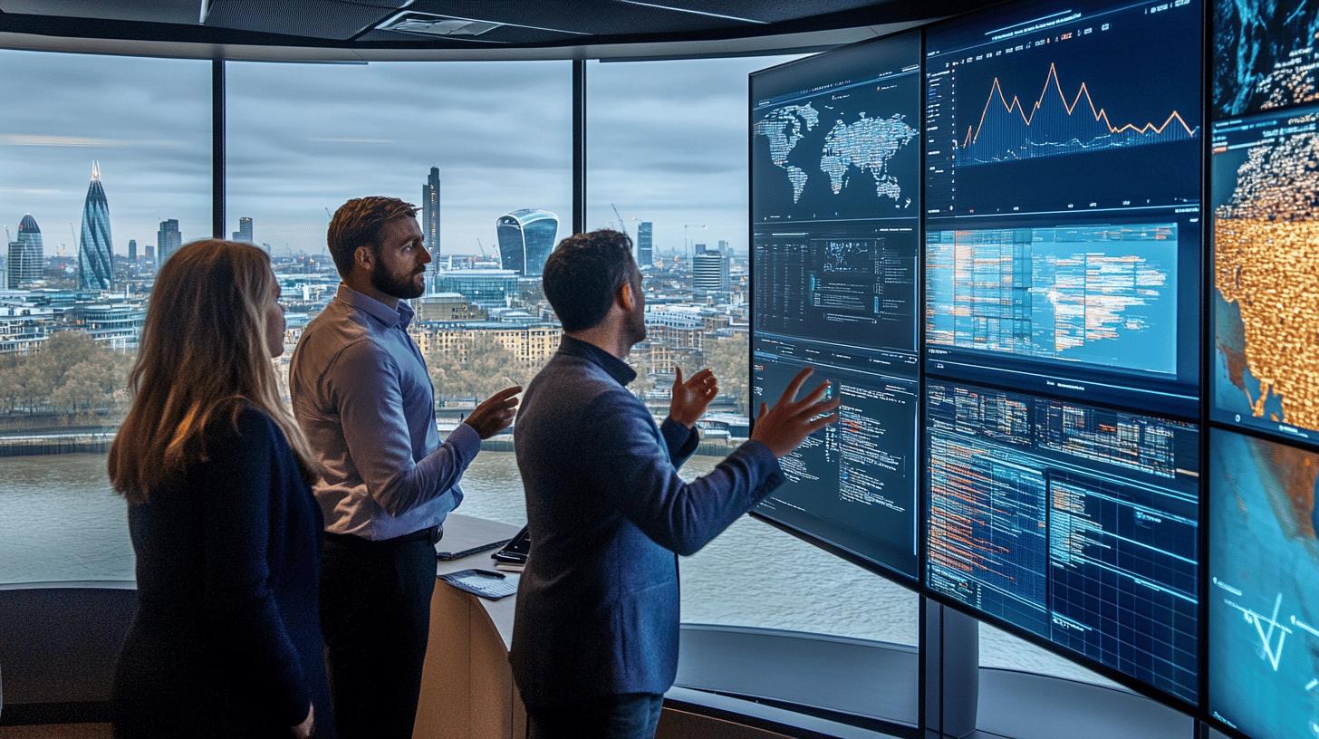 Global data analytics team analyzing world map and financial charts in modern London office with city skyline view, featuring Gherkin and Walkie-Talkie buildings in background