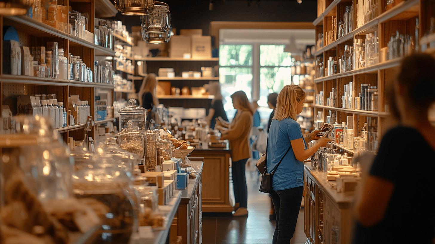 Wooden shelves filled with glass jars and bottles in a bustling specialty food or kitchen supply store, with customers browsing products near sunlit windows and vintage glass storage containers