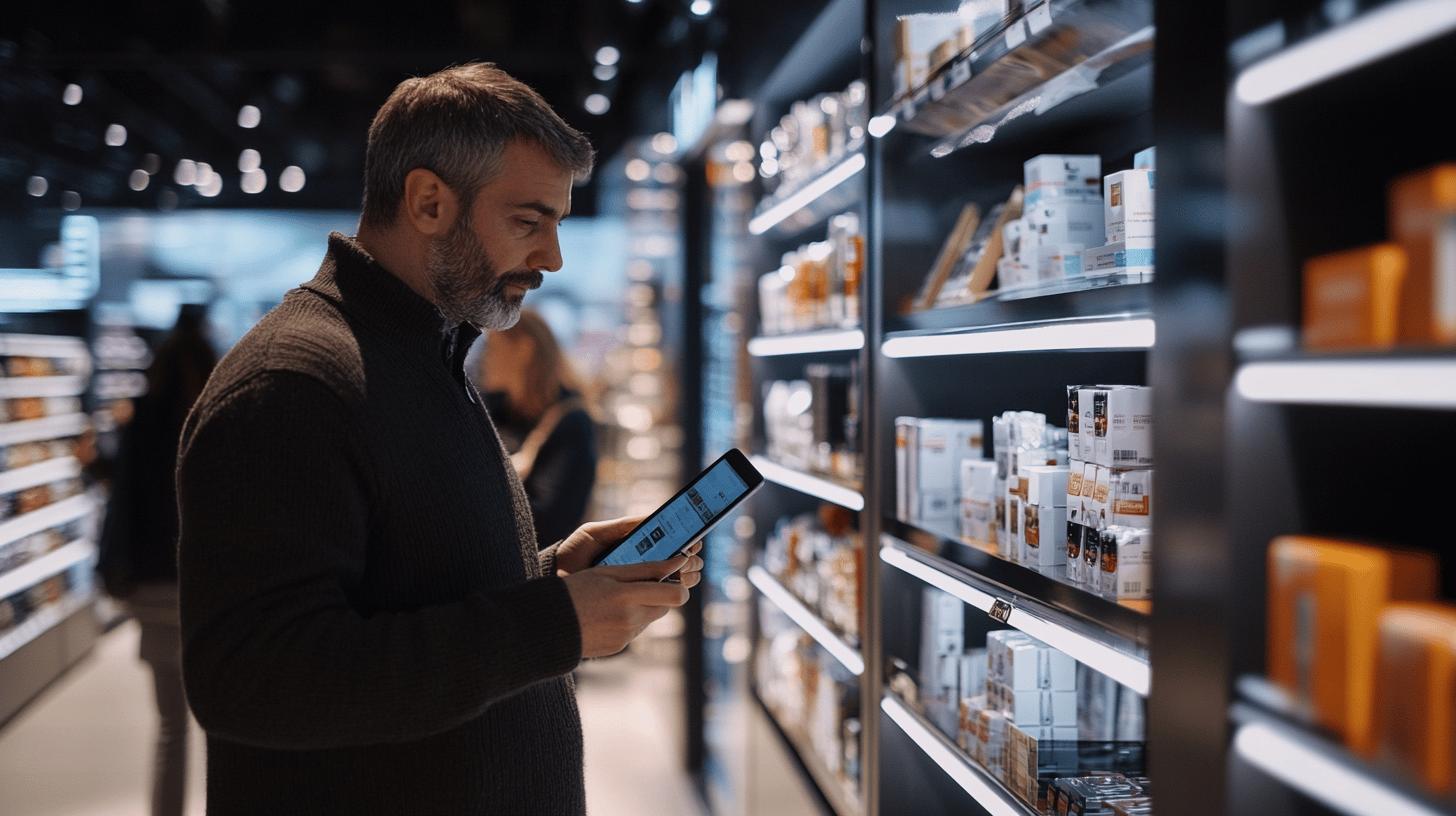 Mature shopper using smartphone to compare product details in dimly lit retail store aisle with shelves of packaged goods