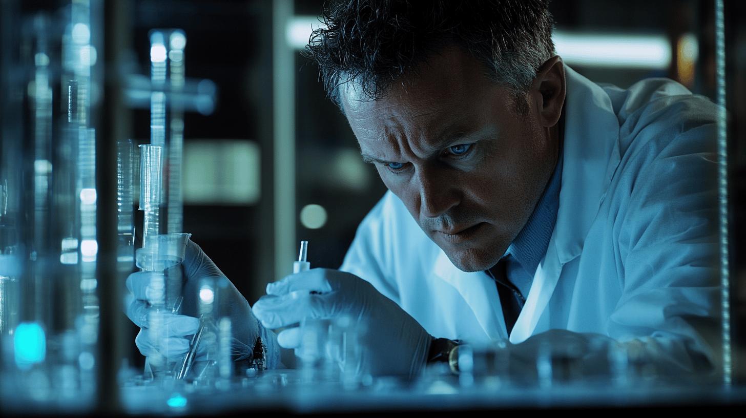 scientist conducting precise laboratory experiment with test tubes in blue-tinted scientific research environment, wearing white lab coat and protective gloves while carefully examining scientific samples