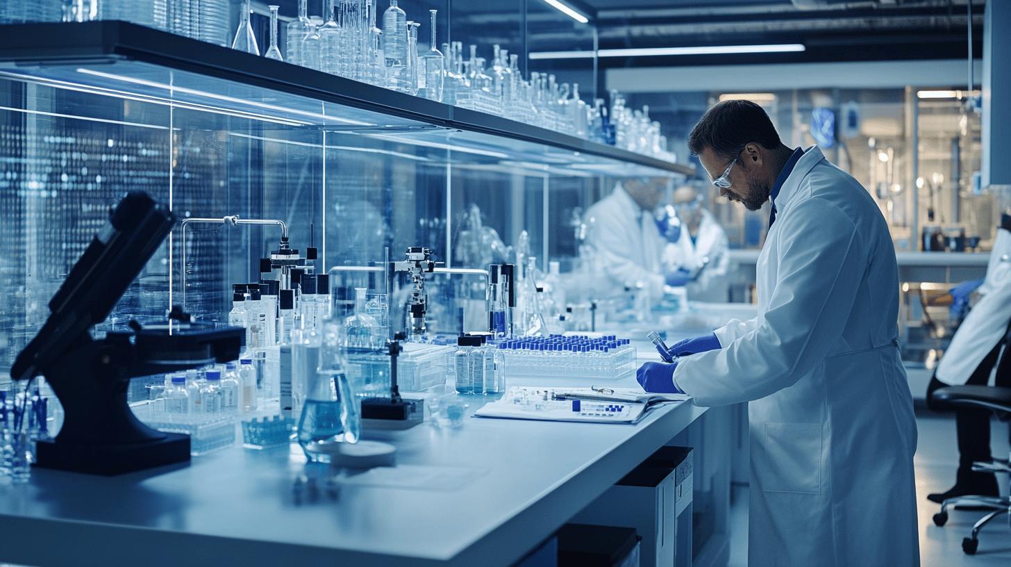 Modern scientific laboratory with researchers conducting experiments, featuring glassware, microscope, test tubes, and a scientist in a white lab coat working at a research bench with blue-tinted lighting and sterile environment