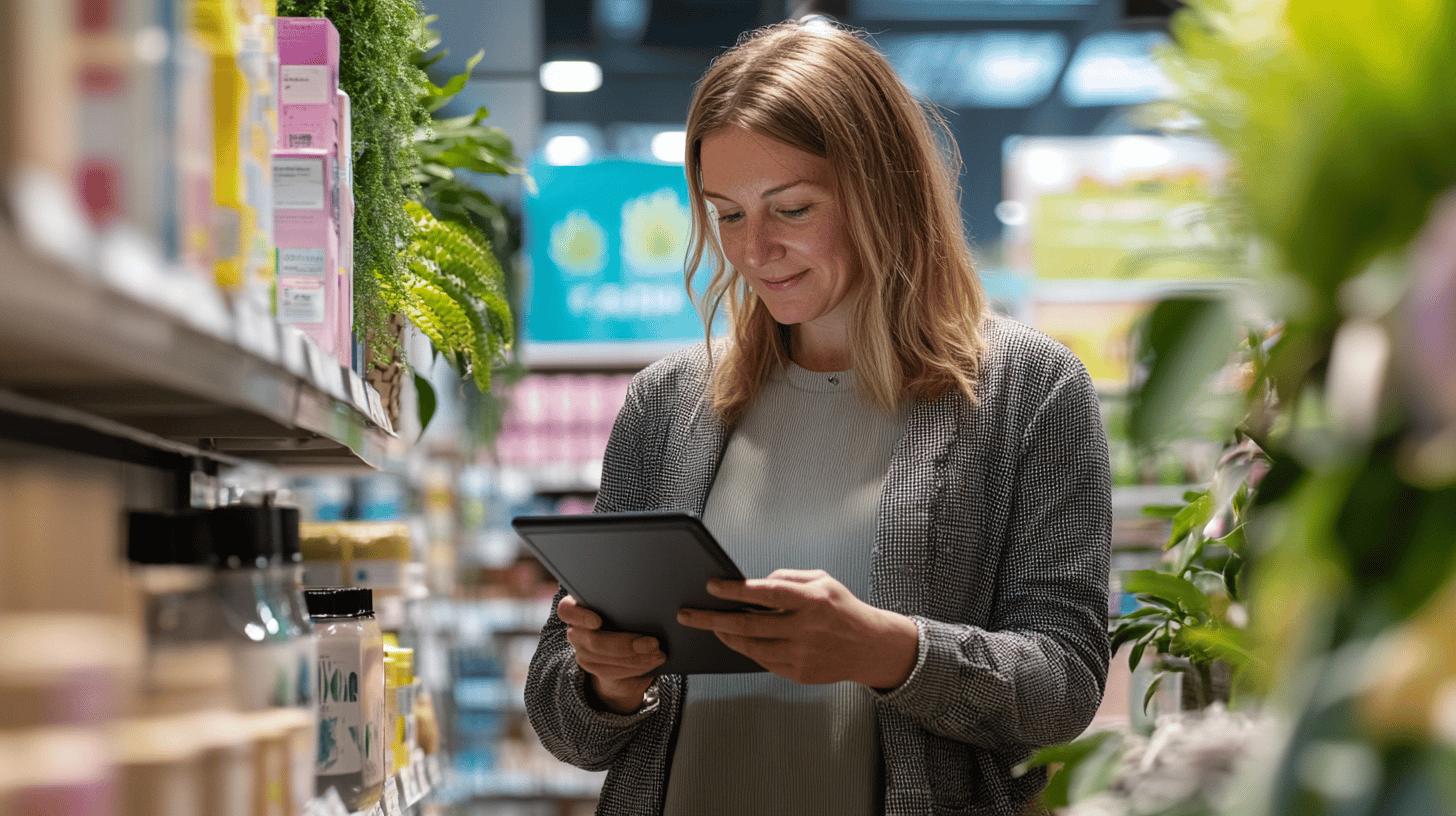 Retail employee using tablet among product shelves and green plants in store inventory management setting