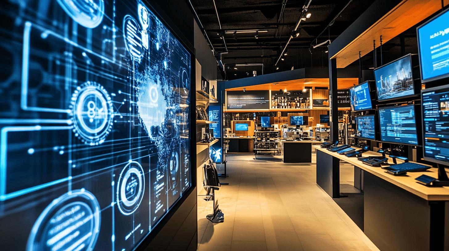 High-tech control room with digital interface wall displaying futuristic data visualization, multiple computer workstations, and advanced monitoring screens in blue and orange lighting