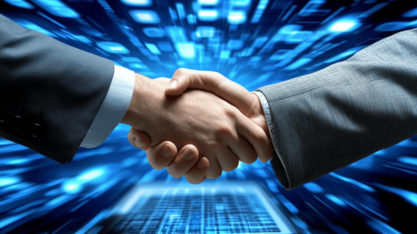 Business technology partnership handshake with digital blue network background symbolizing digital collaboration and technological connection