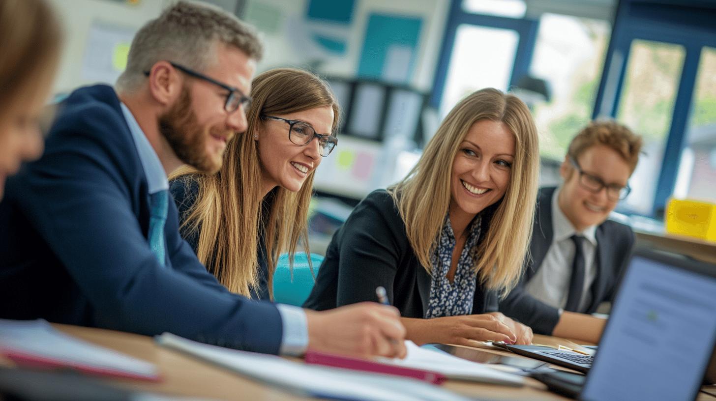Professional business team collaborating in modern office meeting, smiling colleagues working together on laptop and documents with positive teamwork energy