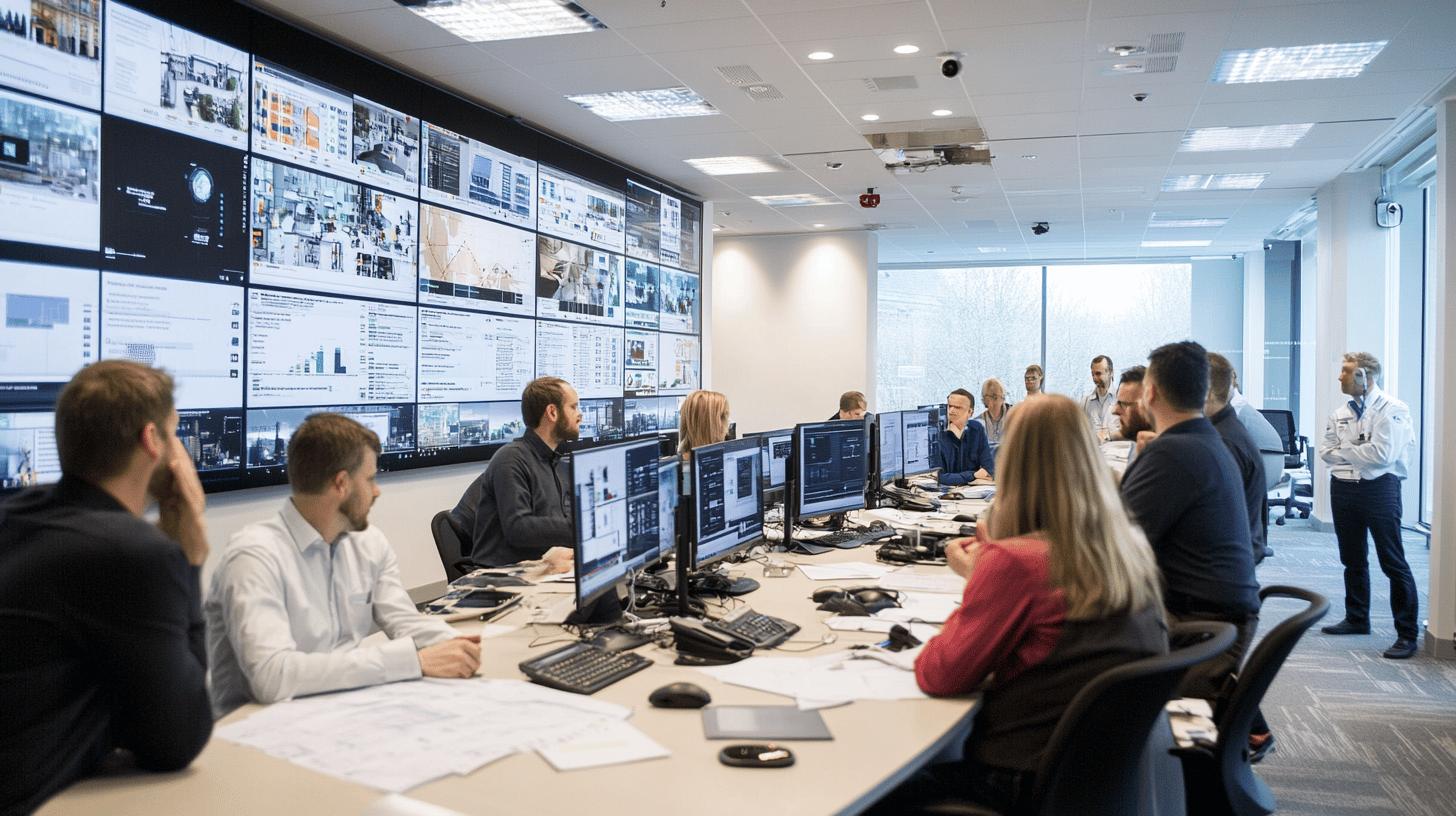 Modern control room with multiple professionals monitoring large video wall screens and working on computer workstations, showcasing advanced technology and collaborative workspace design