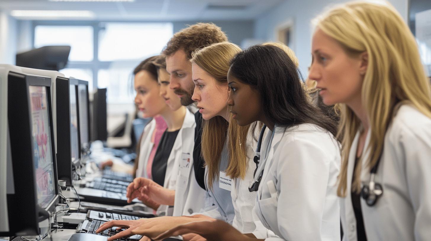 Diverse medical professionals in white coats collaborating at computer workstations in a clinical setting, focusing intently on shared digital information