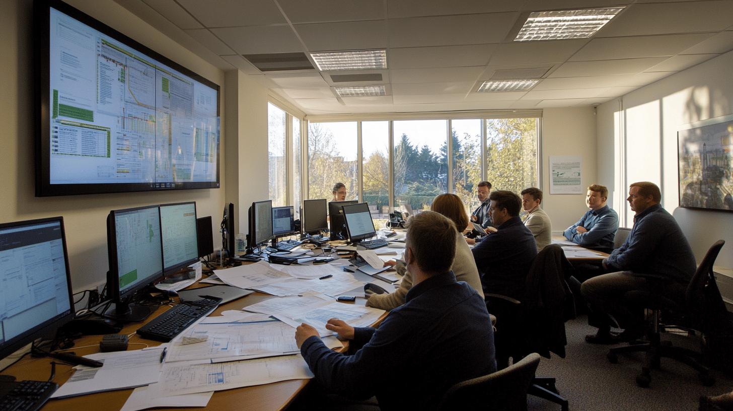 Technical team analyzing data charts in modern office control room with multiple computer monitors and large display screen, overlooking autumn trees through large windows