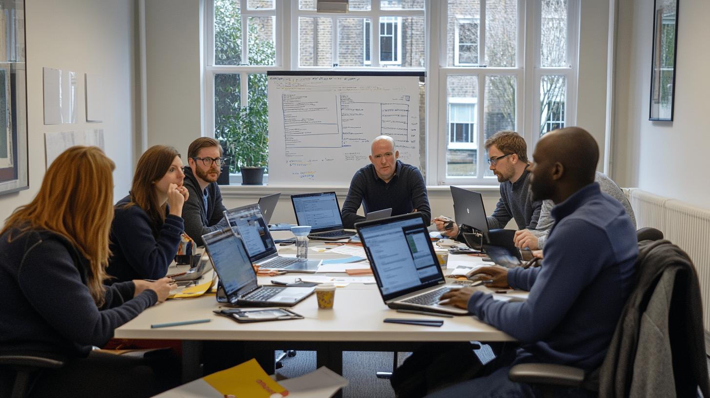 Diverse team collaborating in modern office meeting room with laptops and whiteboard, natural light from windows, professionals engaged in workplace discussion