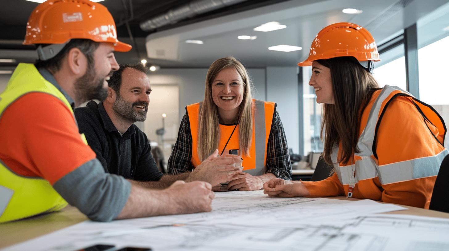 Construction team in safety gear collaborating over blueprints in modern office, wearing orange hard hats and high-visibility vests, discussing project plans with smiling expressions