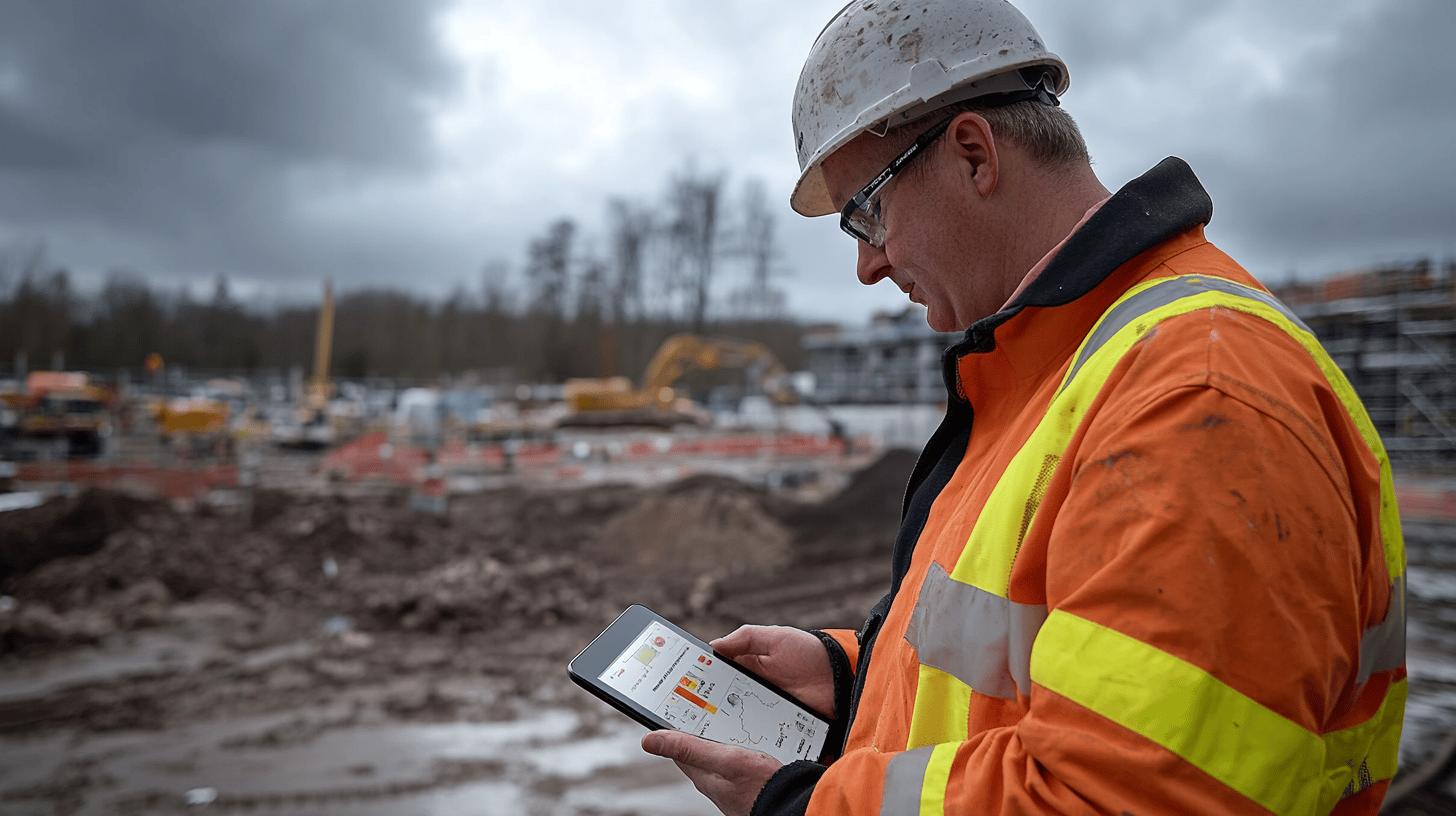 Construction worker in safety vest and hard hat reviewing digital plans on tablet at muddy construction site with heavy equipment in background