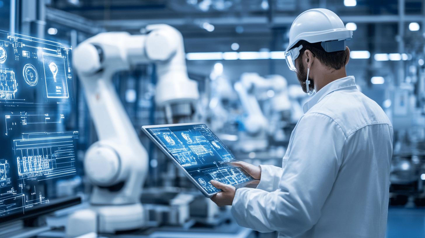 Advanced industrial robotics and digital interface in high-tech manufacturing facility, featuring robotic arm and engineer analyzing technical blueprint on futuristic transparent display