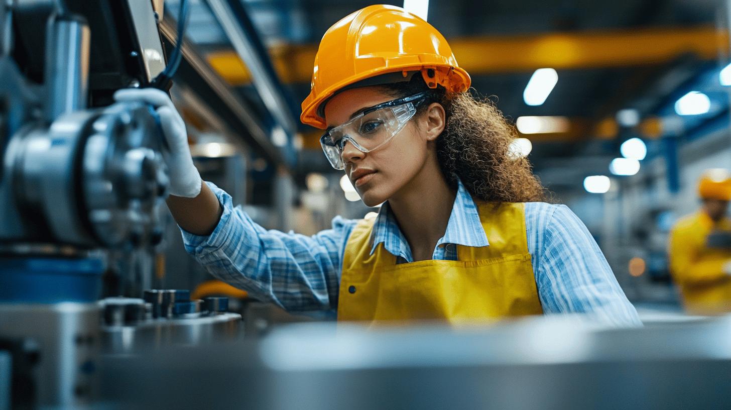 Female industrial worker wearing safety helmet and protective eyewear operating machinery in manufacturing facility
