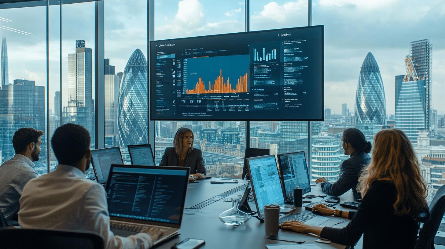 Professional data analytics team analyzing business performance metrics in modern London office with financial district skyline, featuring Gherkin and other iconic skyscrapers in background